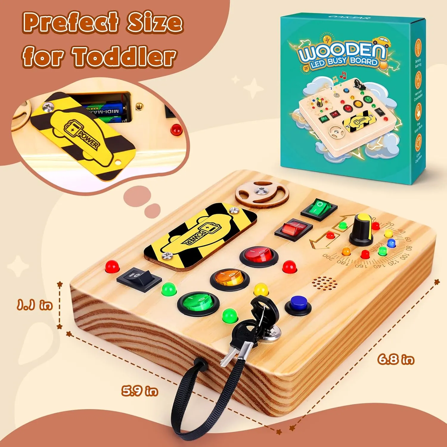 Busy Board for Kids, Montessori Toys with LED Light, Wooden Sensory Toys for Children Activity for Boys & Girls, Birthday Gift for Children