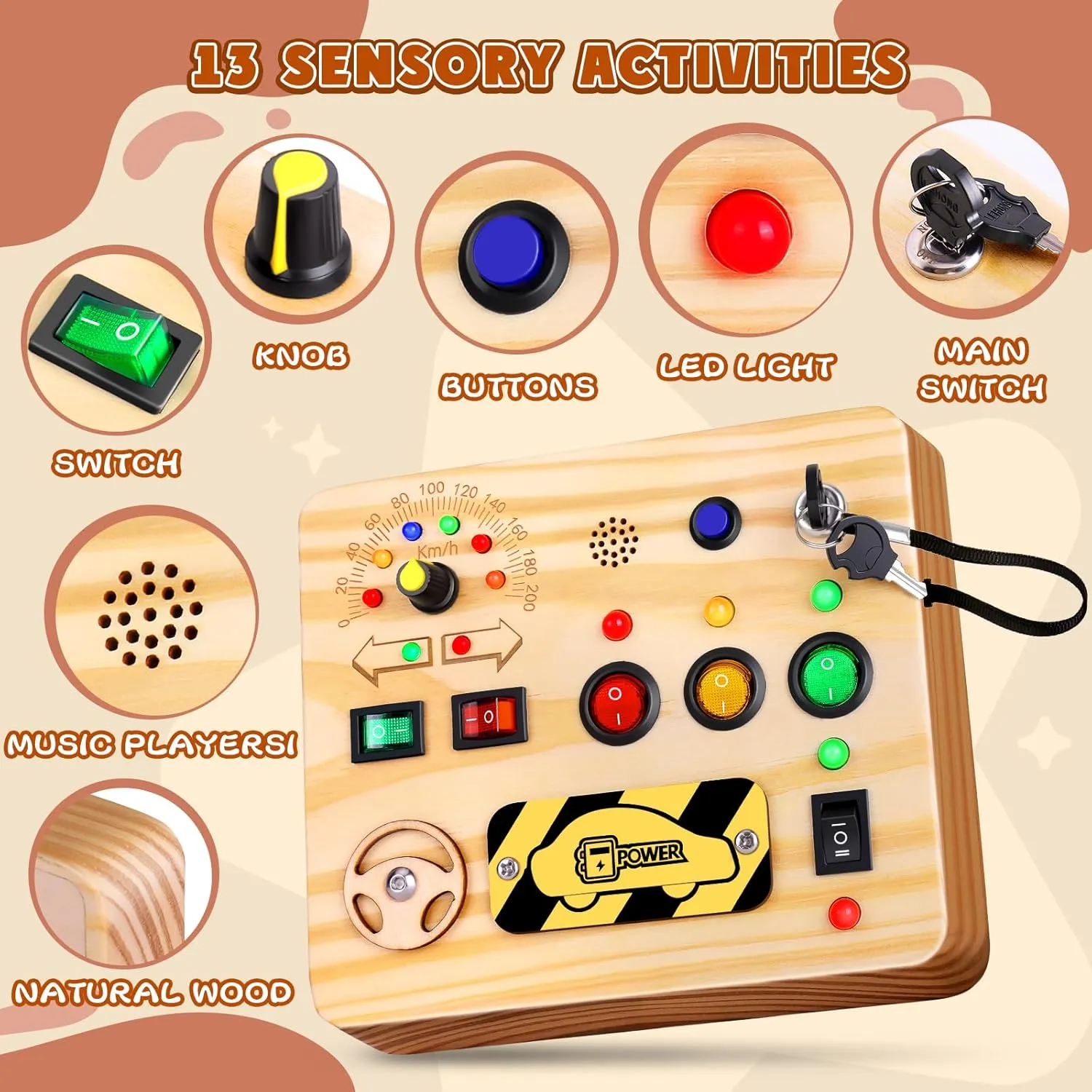 Busy Board for Kids, Montessori Toys with LED Light, Wooden Sensory Toys for Children Activity for Boys & Girls, Birthday Gift for Children