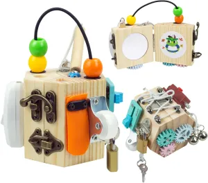 Busy Cube Toddler Busy Board Montessori Toys Baby Wooden Activity Busy Box Travel Toy Boards for Toddlers 1 2 3 Years Old Toys Educational Learning Sensory Cube for Toddlers 2-4