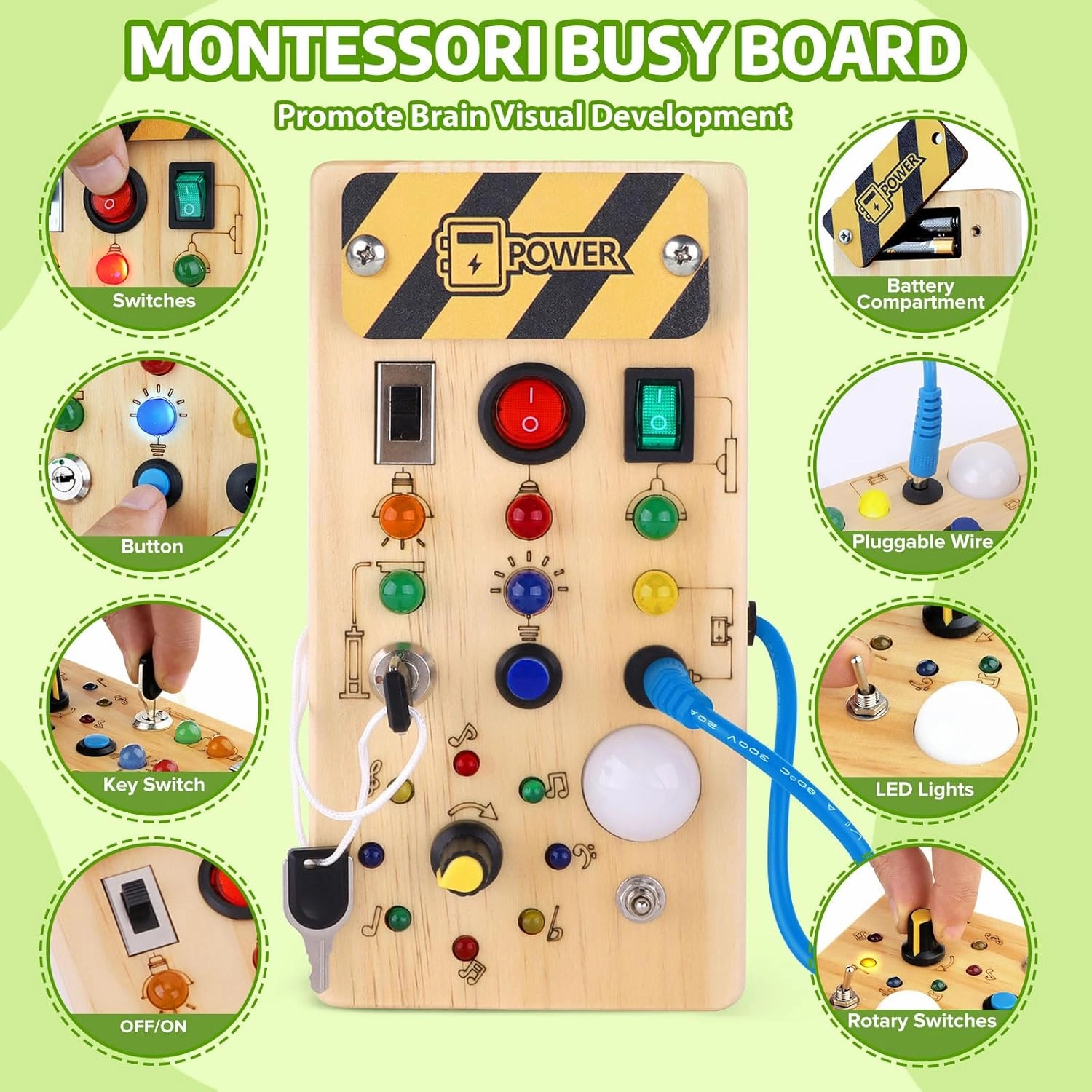 Busy Board with led Light， Sorting Sensory Travel Toys for Toddlers 1-3， Wooden Toddler Busy Board Montessori Toys for 1  Year Old