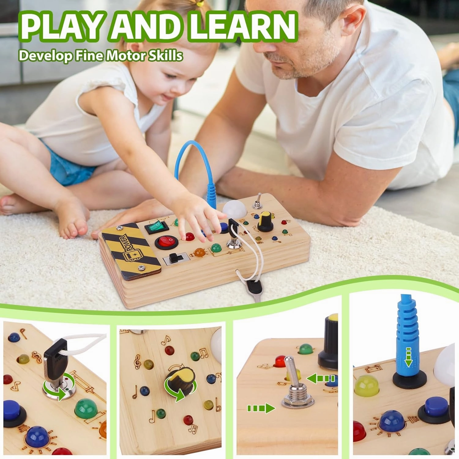 Busy Board with led Light， Sorting Sensory Travel Toys for Toddlers 1-3， Wooden Toddler Busy Board Montessori Toys for 1  Year Old