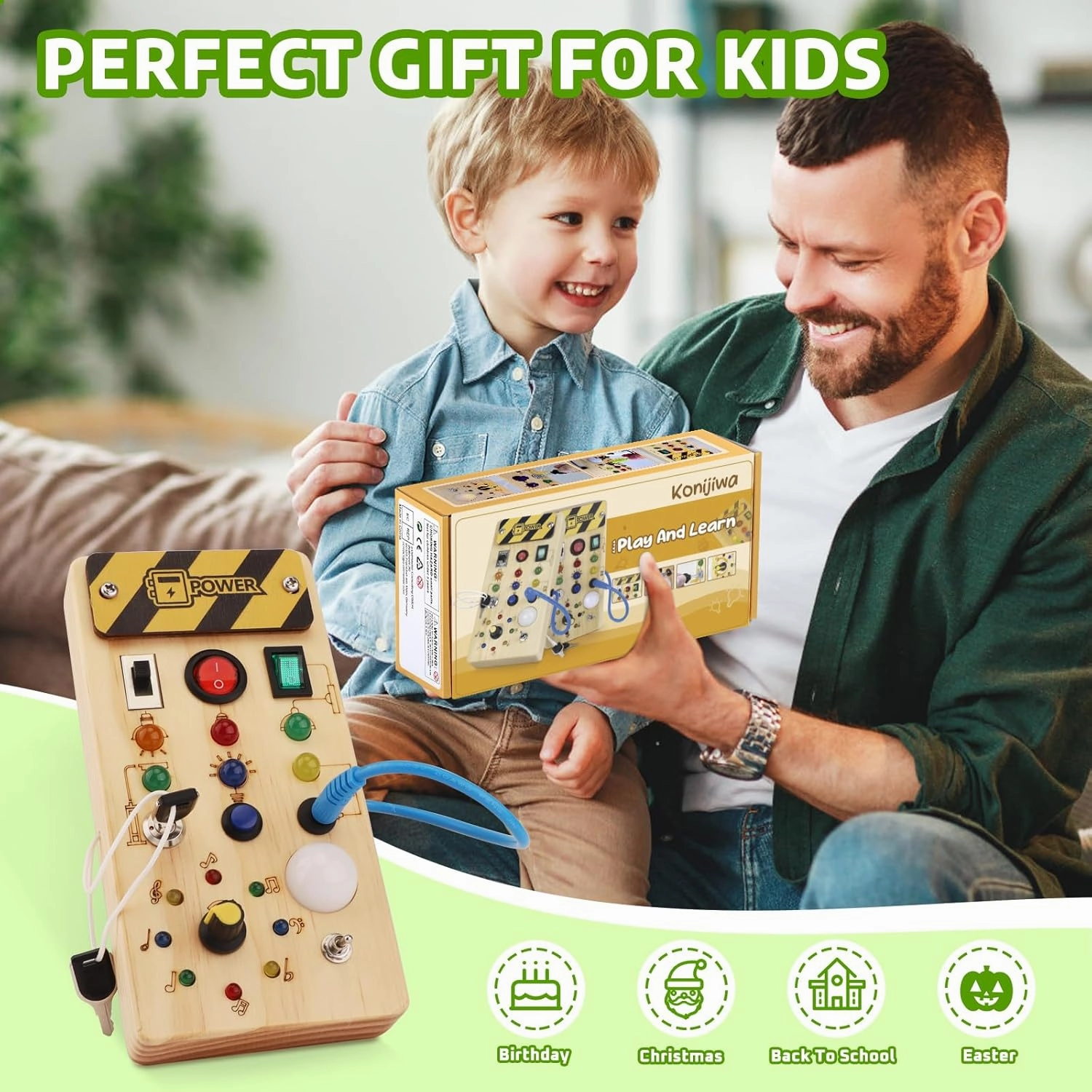 Busy Board with led Light， Sorting Sensory Travel Toys for Toddlers 1-3， Wooden Toddler Busy Board Montessori Toys for 1  Year Old