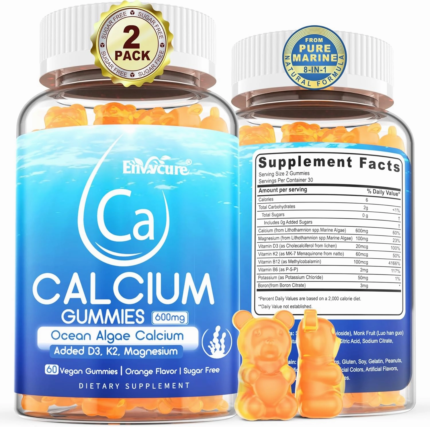 Calcium Gummies 600mg - Calcium Supplement for Women, Ocean Algae Calcium | Vitamin D3, K2, Magnesium | for Bone Strength, Muscle & Immnue | Sustainably Sourced Algae Calcium, 70  Mineral, Vegan,2PACK