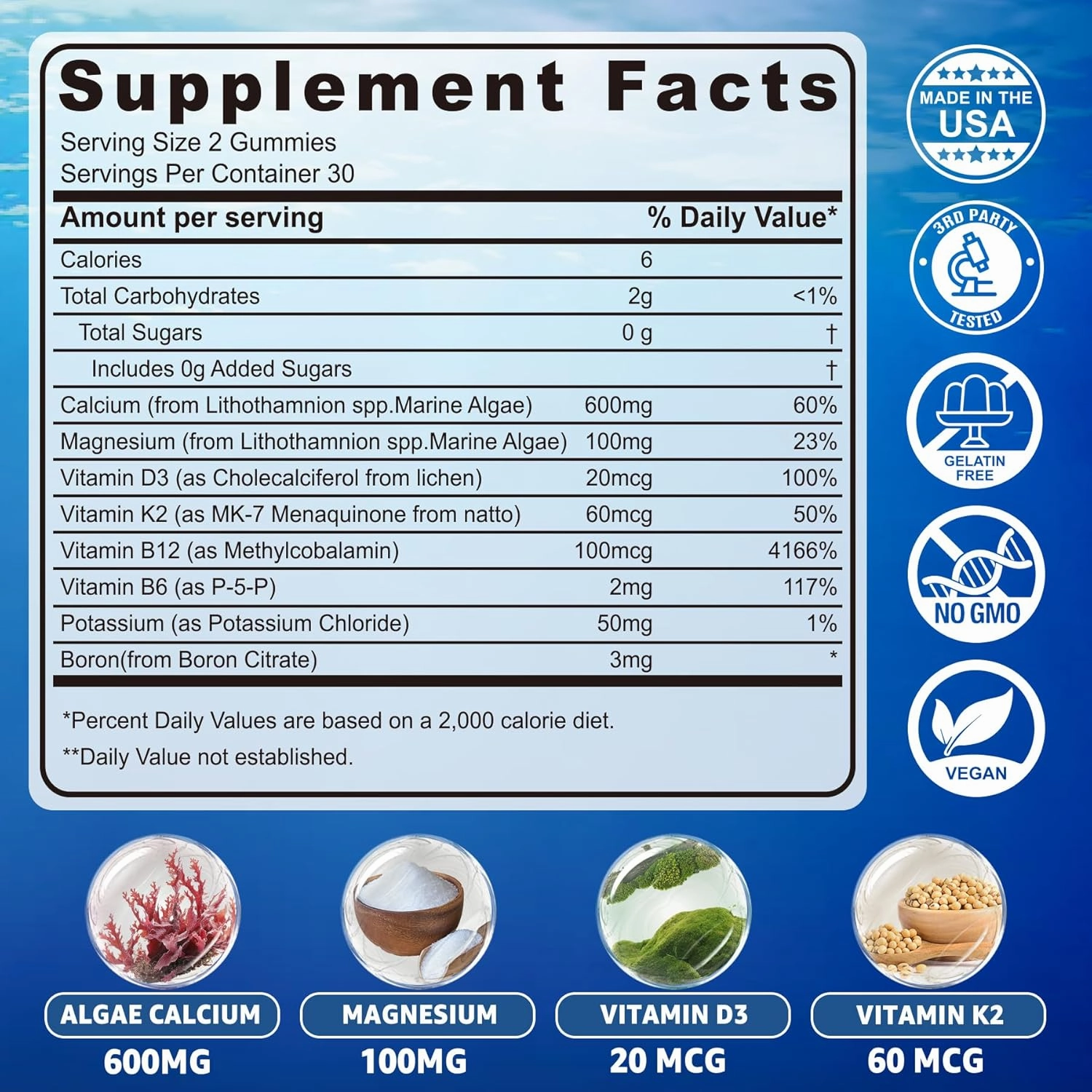Calcium Gummies 600mg - Calcium Supplement for Women, Ocean Algae Calcium | Vitamin D3, K2, Magnesium | for Bone Strength, Muscle & Immnue | Sustainably Sourced Algae Calcium, 70  Mineral, Vegan,2PACK