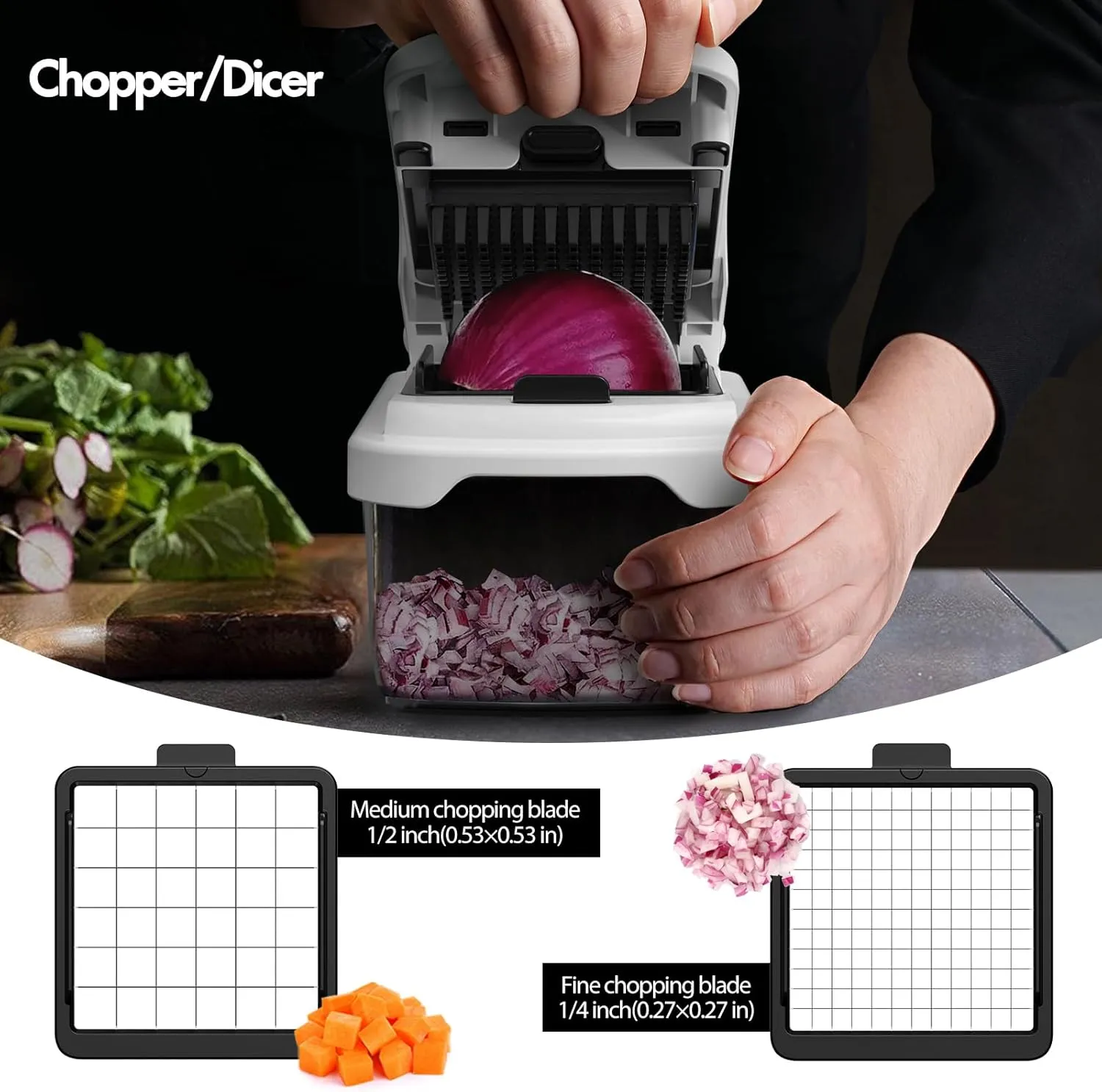Cambom Vegetable Chopper With Container, Multifunctional Food Chopper Onion & Vegetable Cutter Dicer With 8 Blades, Carrot & Veggie Slicer 2 Blades