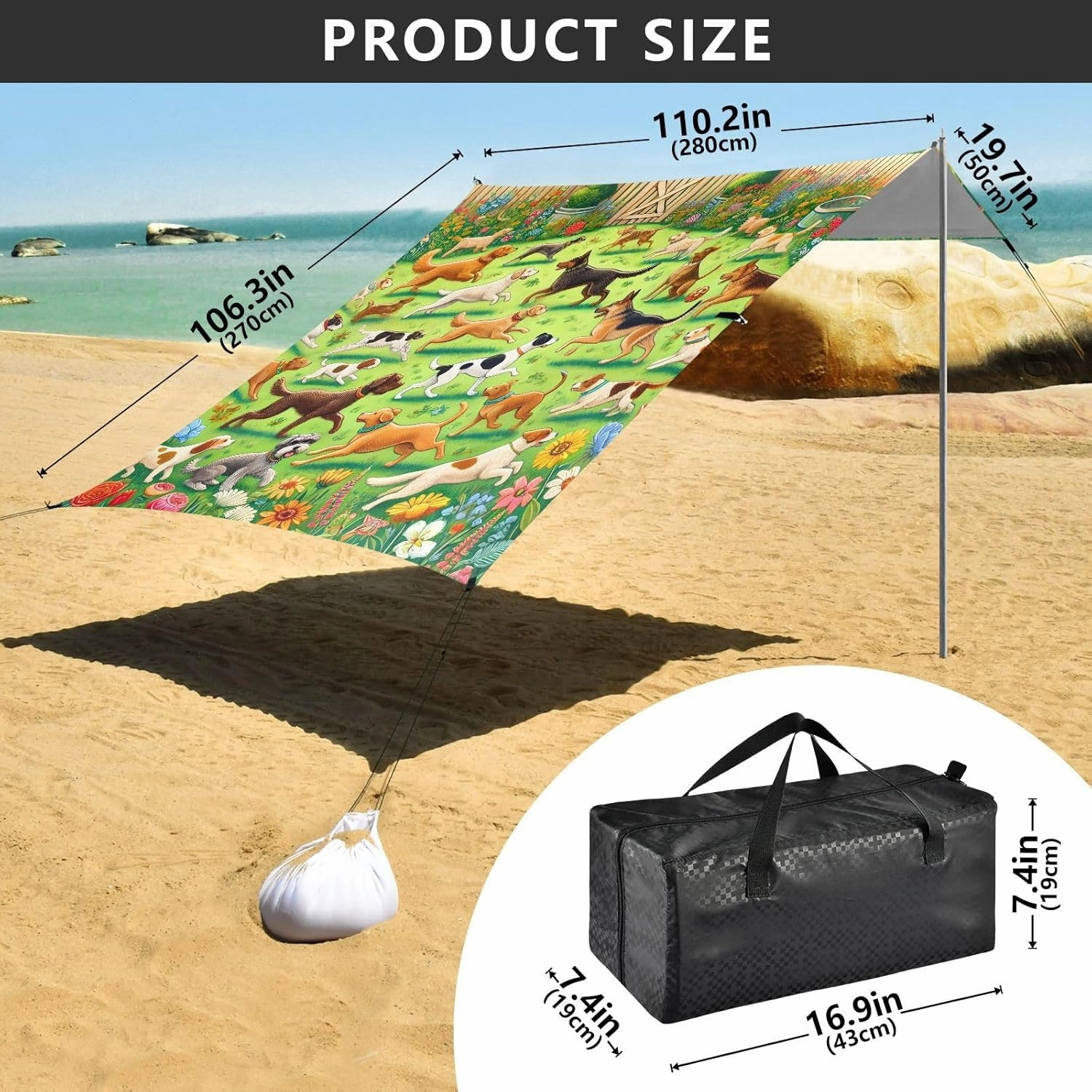 Canopy Beach Tent Sun Shade Outdoor Patio Kids Travel Camping Sun Shelter with Anchor Poles Easy up Wind Sail Shade 9.2 × 10.5 FT Playful Dogs Garden Park