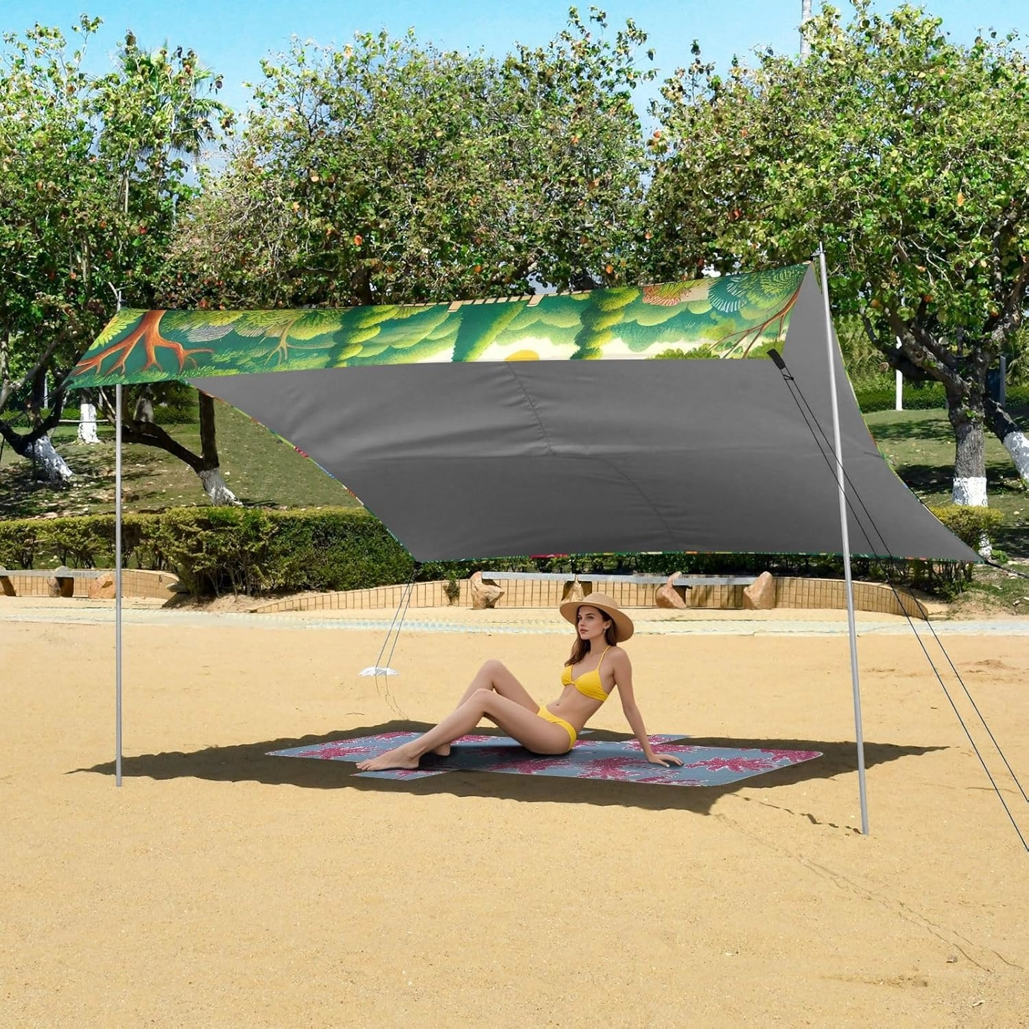 Canopy Beach Tent Sun Shade Outdoor Patio Kids Travel Camping Sun Shelter with Anchor Poles Easy up Wind Sail Shade 9.2 × 10.5 FT Playful Dogs Garden Park