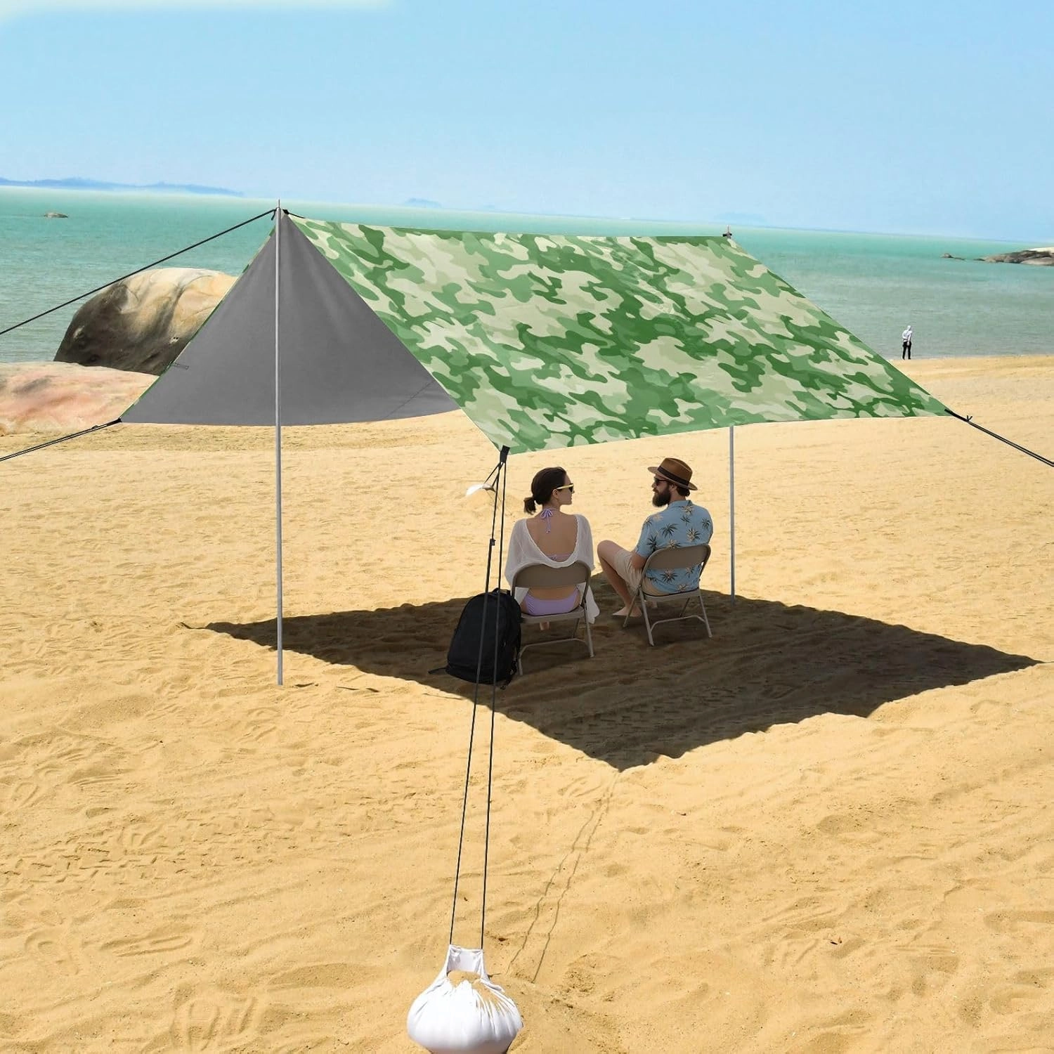 Canopy Tent Beach 9.2 × 10.5 FT Patio Sun Shade Outdoor Camouflage Shapes Green Print Sand Camping Sun Shelter Windproof with Sand Anchor Poles