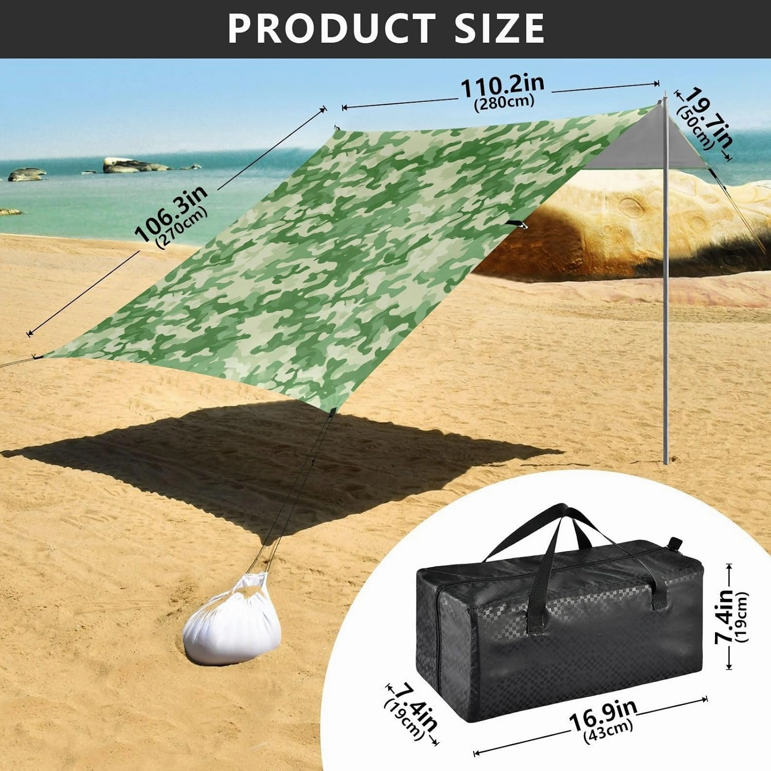 Canopy Tent Beach 9.2 × 10.5 FT Patio Sun Shade Outdoor Camouflage Shapes Green Print Sand Camping Sun Shelter Windproof with Sand Anchor Poles