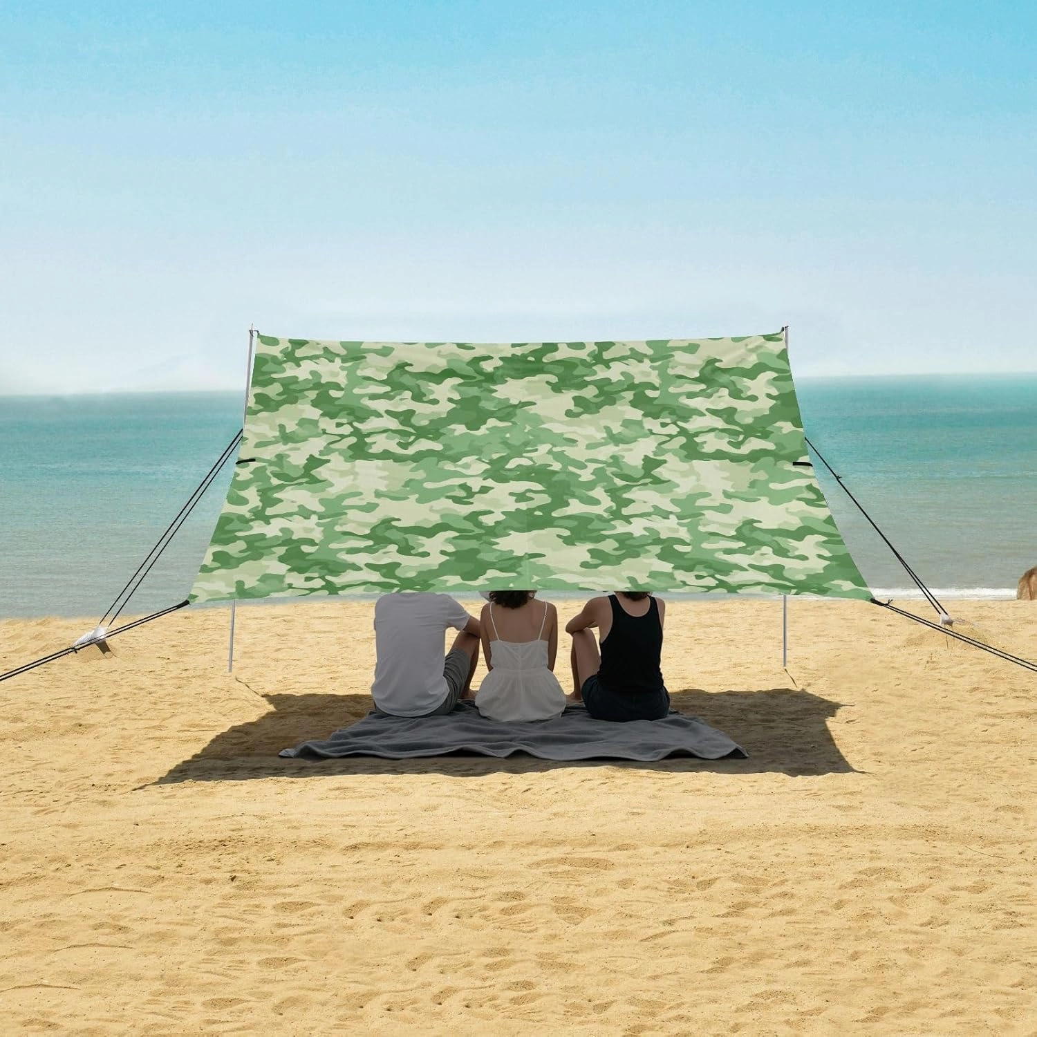 Canopy Tent Beach 9.2 × 10.5 FT Patio Sun Shade Outdoor Camouflage Shapes Green Print Sand Camping Sun Shelter Windproof with Sand Anchor Poles