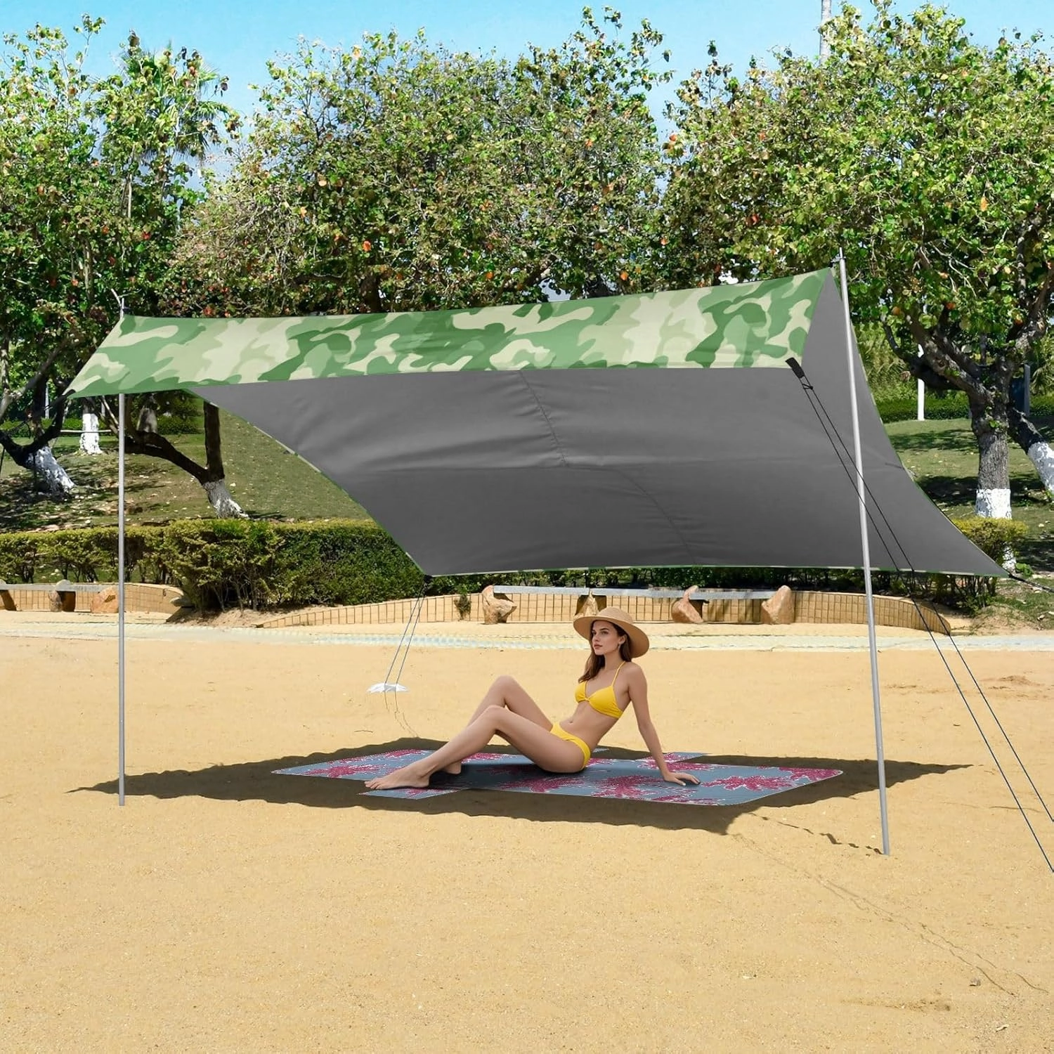 Canopy Tent Beach 9.2 × 10.5 FT Patio Sun Shade Outdoor Camouflage Shapes Green Print Sand Camping Sun Shelter Windproof with Sand Anchor Poles
