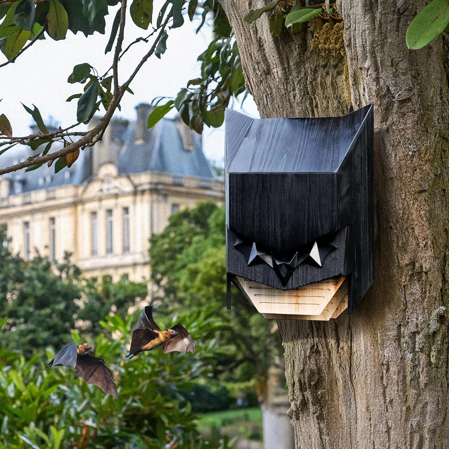 Caped Hero Bat House for Outdoors - Wooden Large Three Chamber Box Perfectly Designed to Attract Bats, Weather-Resistant (Black, 3 Chamber)