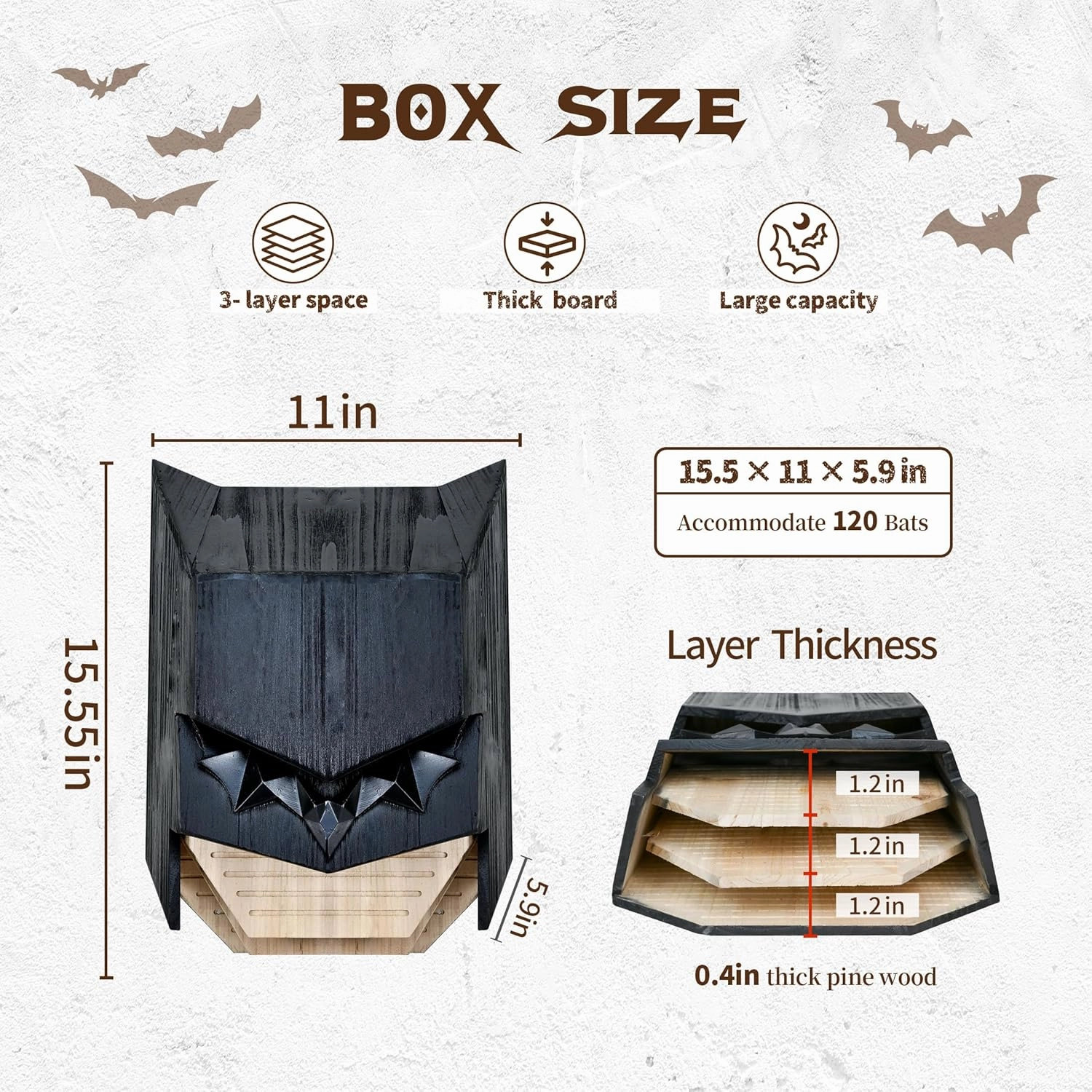Caped Hero Bat House for Outdoors - Wooden Large Three Chamber Box Perfectly Designed to Attract Bats, Weather-Resistant (Black, 3 Chamber)