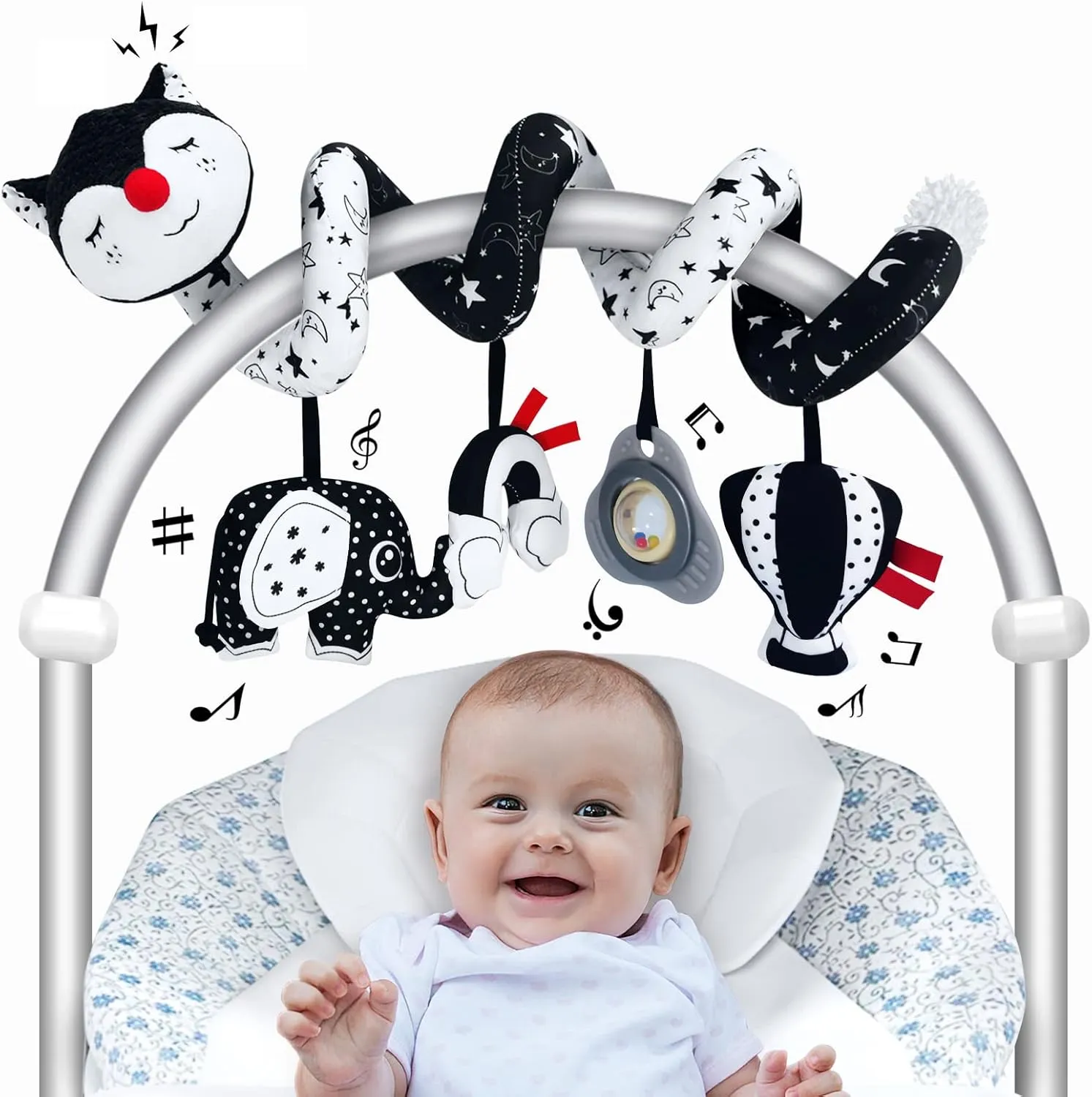 Car Seat Toys for Babies 0-6 Months, High Contrast Black and White Spiral Stroller Toys for Infants, Ideal Gift