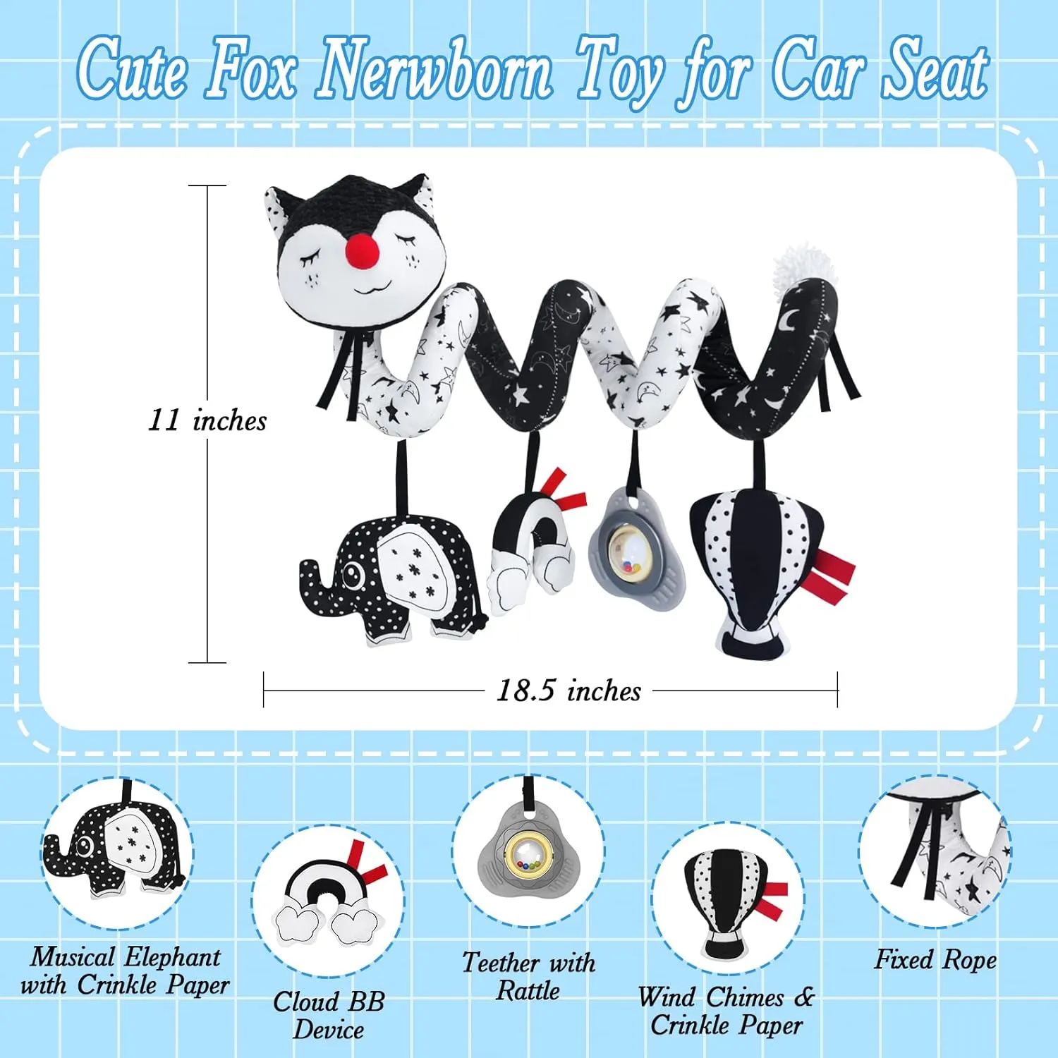 Car Seat Toys for Babies 0-6 Months, High Contrast Black and White Spiral Stroller Toys for Infants, Ideal Gift