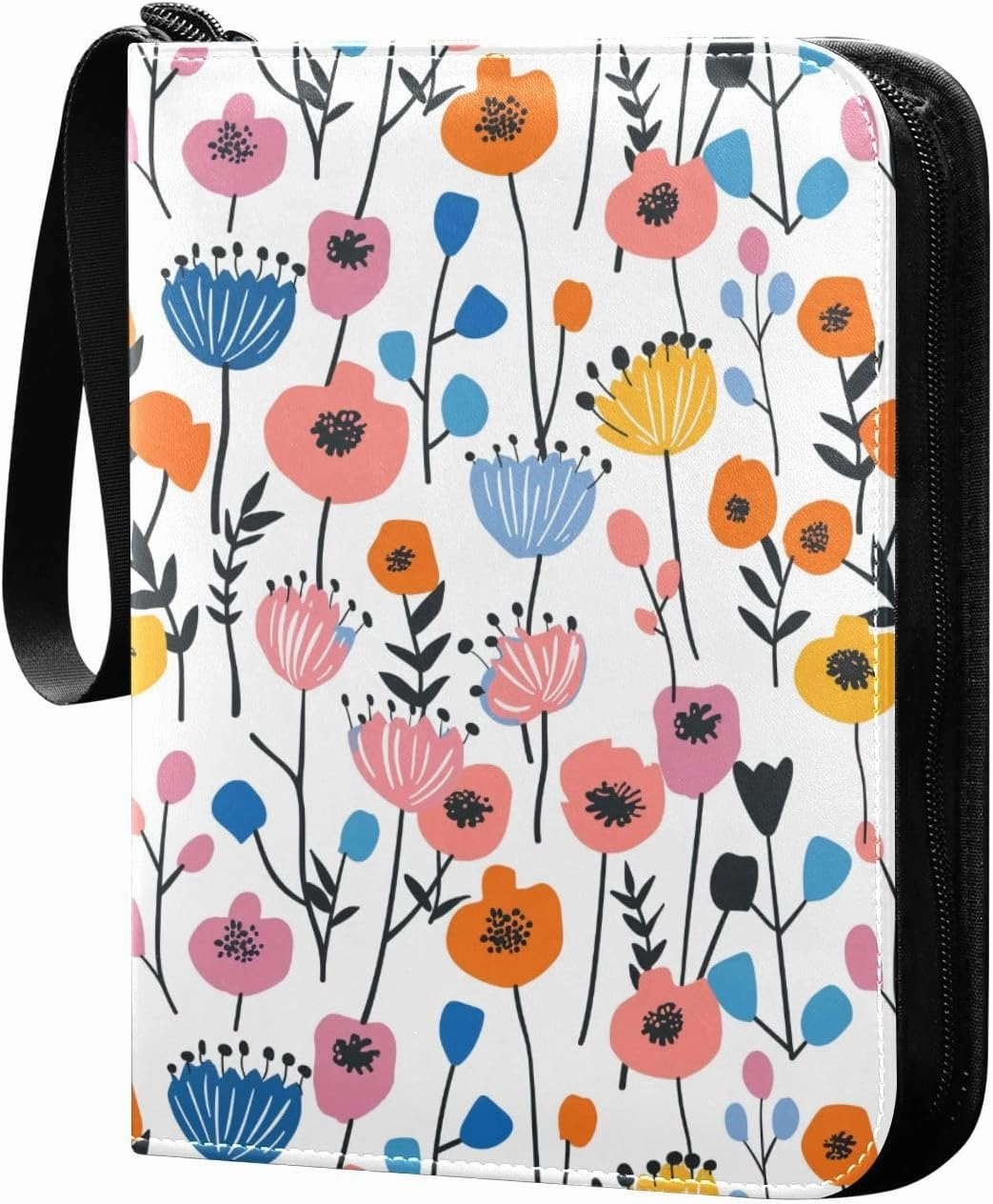 card album card holder case with double sided removable sleeves for game, baseball cards collection Doodle Flowers Colorful
