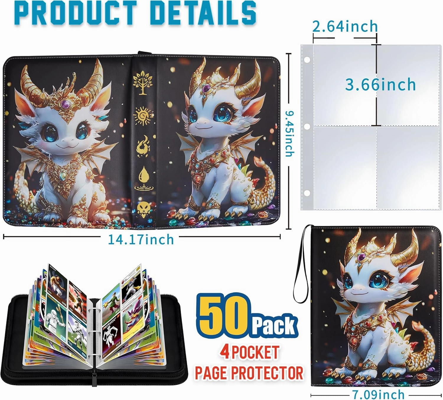 Card Binder 4 Pocket with 50 Removable Sleeves, 400 Cards Storage Holder for Game Cards, TCG, Sports Cards, Trading Card Binder Collection Gifts for Boys and Girls, Dragon Design Card Binder Album