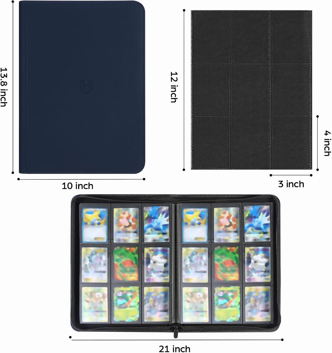Card Binder 9 Pocket with Zipper, 648 Pockets Trading Card Holder Book, Premium PU Cover Zip Folder Binder, Side Loading Carrying Case Binder Album for TCG, MTG, Sports Cards, Game Cards (Blue)