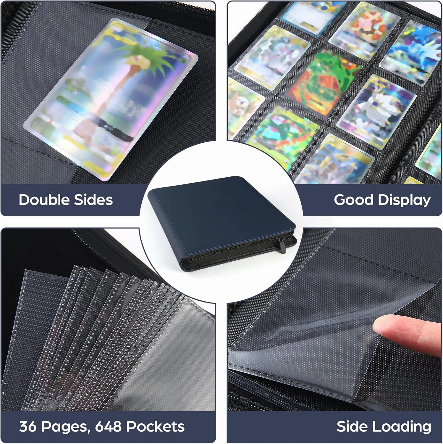 Card Binder 9 Pocket with Zipper, 648 Pockets Trading Card Holder Book, Premium PU Cover Zip Folder Binder, Side Loading Carrying Case Binder Album for TCG, MTG, Sports Cards, Game Cards (Blue)