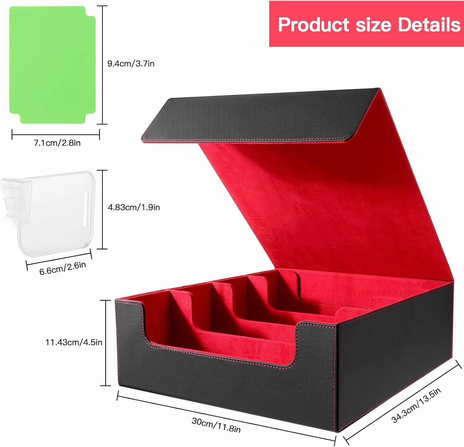 Card Deck Case for Trading Cards 3000 , Deck Box with Viewing Windows, 15 Colorful Dividers and 4 Card Supporters (Black Red for large)