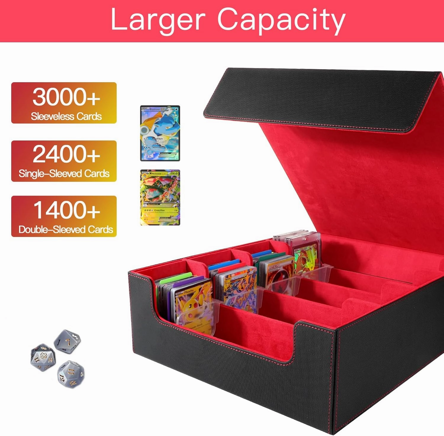 Card Deck Case for Trading Cards 3000 , Deck Box with Viewing Windows, 15 Colorful Dividers and 4 Card Supporters (Black Red for large)