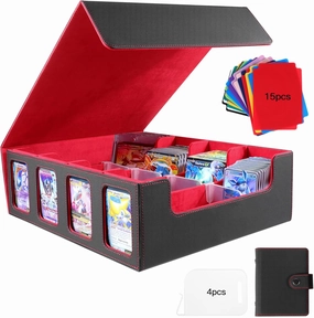 Card Deck Case for Trading Cards 3000 , Deck Box with Viewing Windows, 15 Colorful Dividers and 4 Card Supporters (Black Red for large)