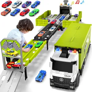 Carrier Truck Race Track Boys Toys, Foldable 3 Layer Toddler Track Playset, Toy Truck Transport Car Carrier & 8 Race Cars, Truck Car Kids Toys for Age 3 4 5 6  Years Old Boys Girls