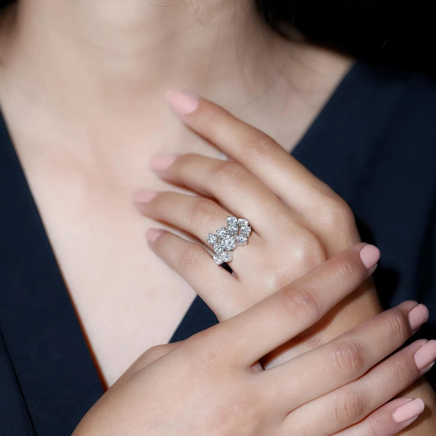 Certified Moissanite Diamond Cocktail Ring, D-Vs1 Quality, Moissanite Cluster Ring in 14K Gold Plated Silver - Gift For Her