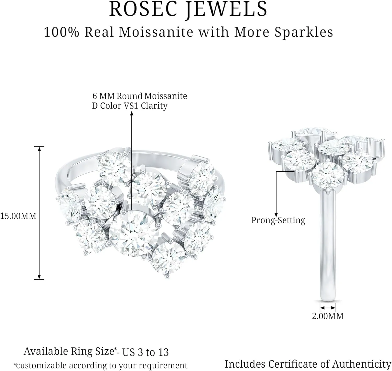 Certified Moissanite Diamond Cocktail Ring, D-Vs1 Quality, Moissanite Cluster Ring in 14K Gold Plated Silver - Gift For Her