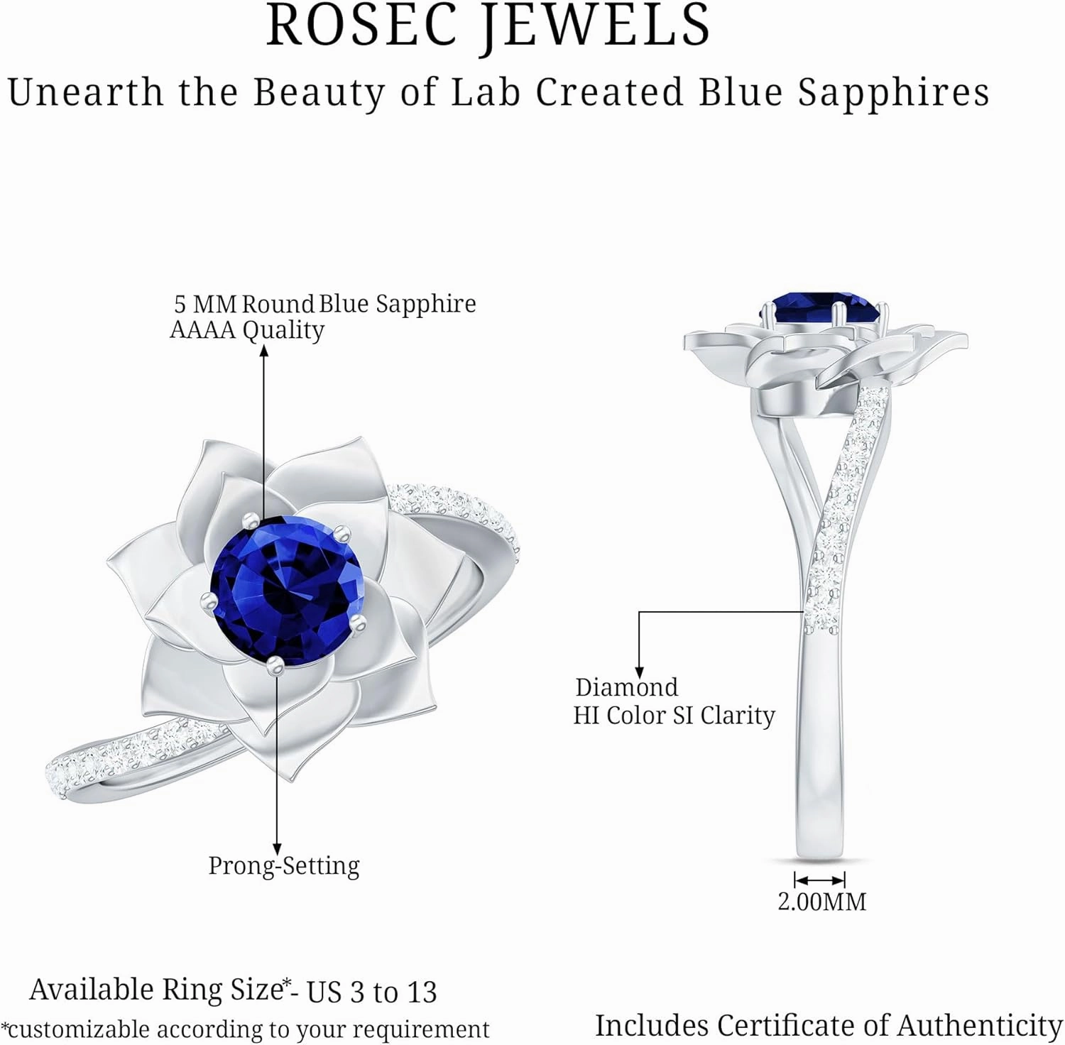 Certified Lab Grown Blue Sapphire Flower Engagement Ring, AAAA Quality, Sapphire Diamond Flower Ring - Ready To Gift