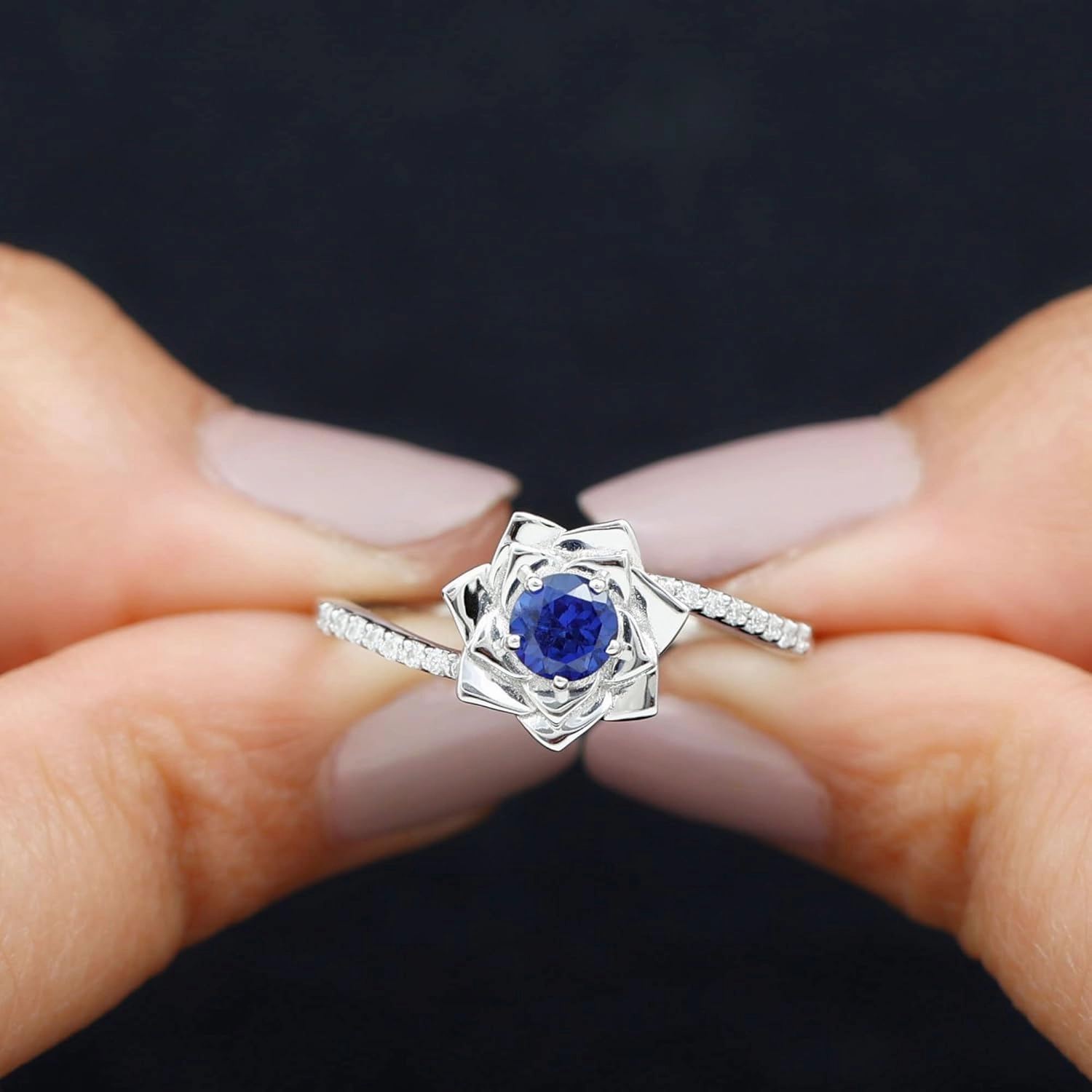 Certified Lab Grown Blue Sapphire Flower Engagement Ring, AAAA Quality, Sapphire Diamond Flower Ring - Ready To Gift