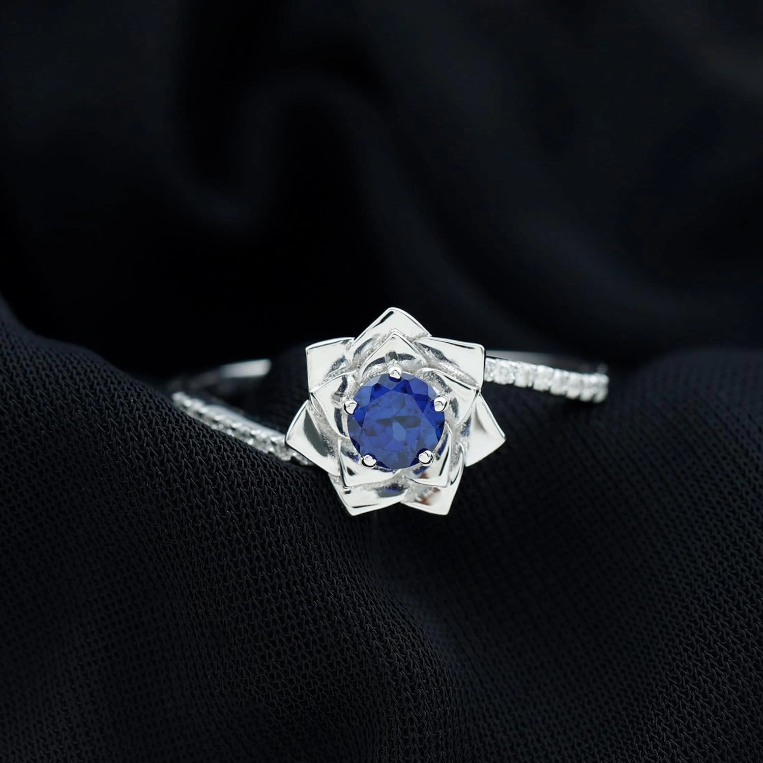 Certified Lab Grown Blue Sapphire Flower Engagement Ring, AAAA Quality, Sapphire Diamond Flower Ring - Ready To Gift