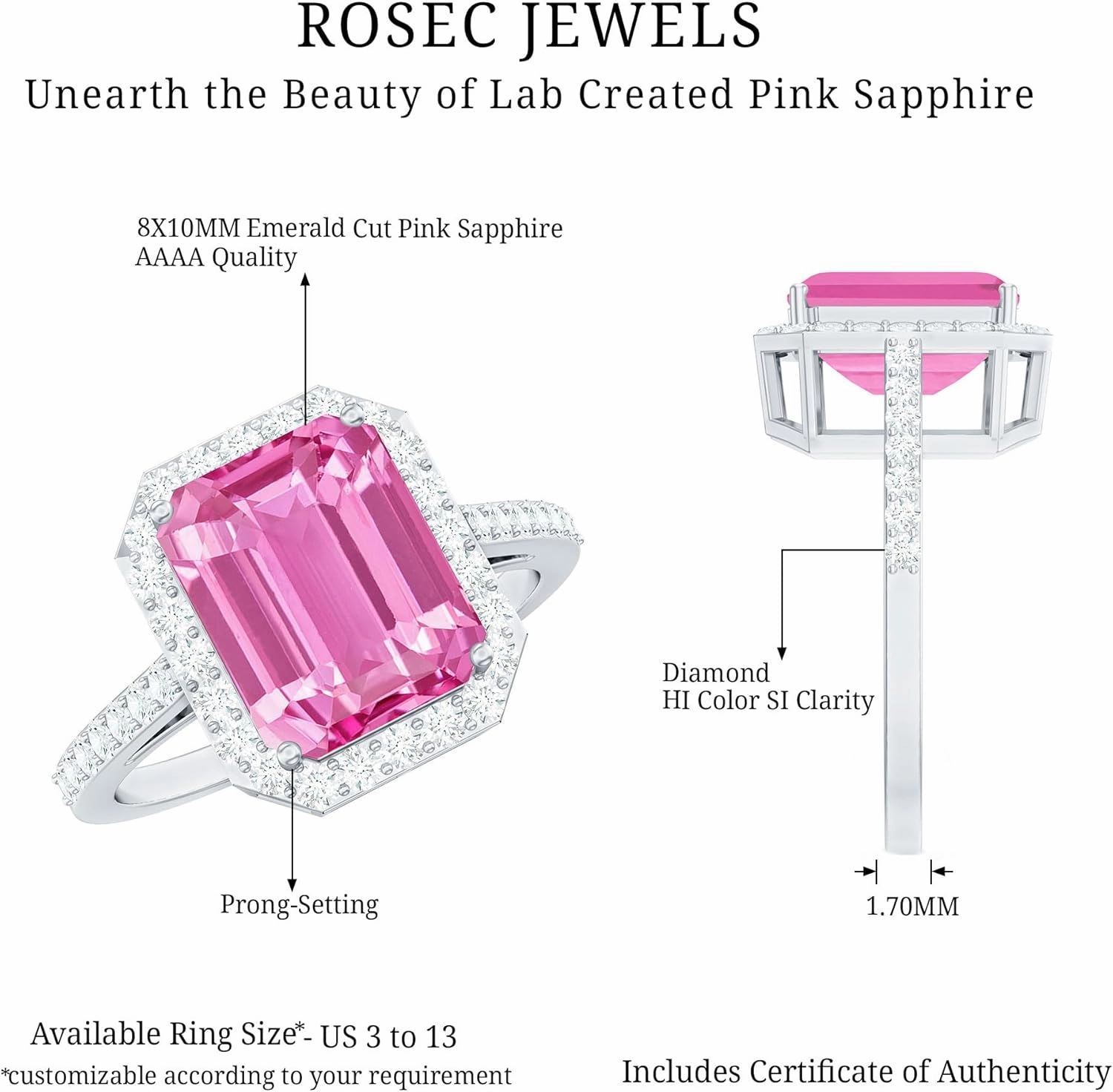 Certified Lab Grown Pink Sapphire 8X10 mm Emerald Cut Engagement Ring, Aaaa Quality, Pink Sapphire Diamond Ring