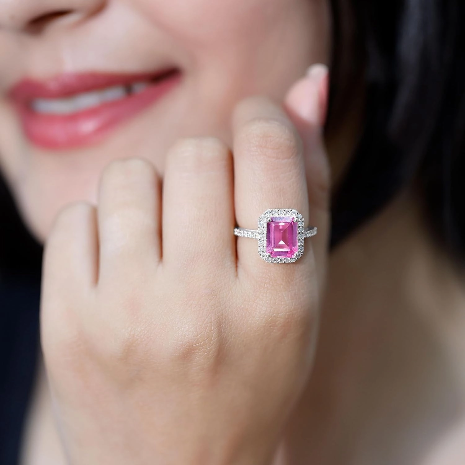 Certified Lab Grown Pink Sapphire 8X10 mm Emerald Cut Engagement Ring, Aaaa Quality, Pink Sapphire Diamond Ring
