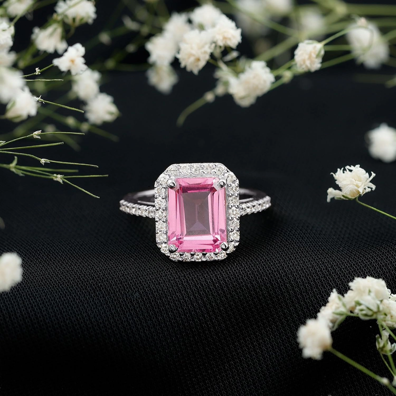 Certified Lab Grown Pink Sapphire 8X10 mm Emerald Cut Engagement Ring, Aaaa Quality, Pink Sapphire Diamond Ring