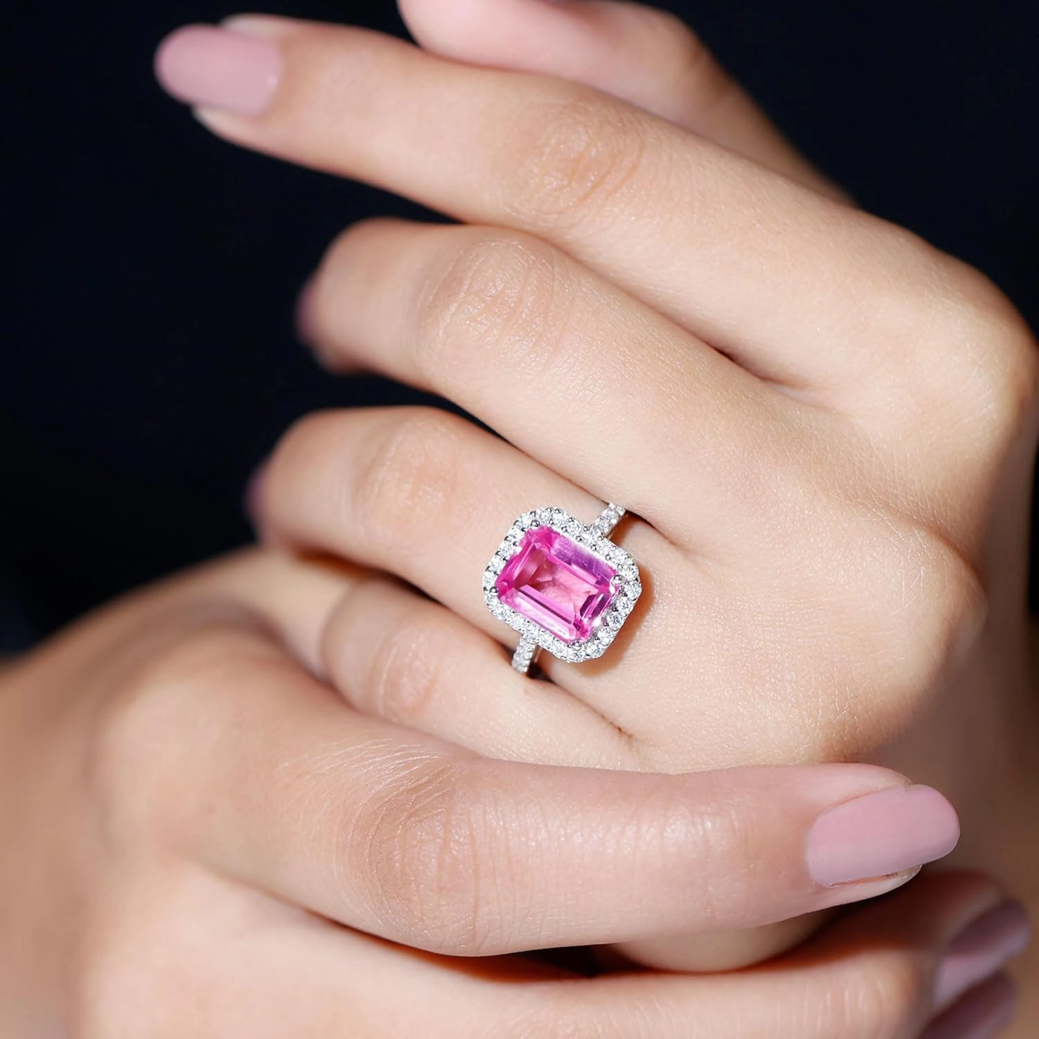Certified Lab Grown Pink Sapphire 8X10 mm Emerald Cut Engagement Ring, Aaaa Quality, Pink Sapphire Diamond Ring