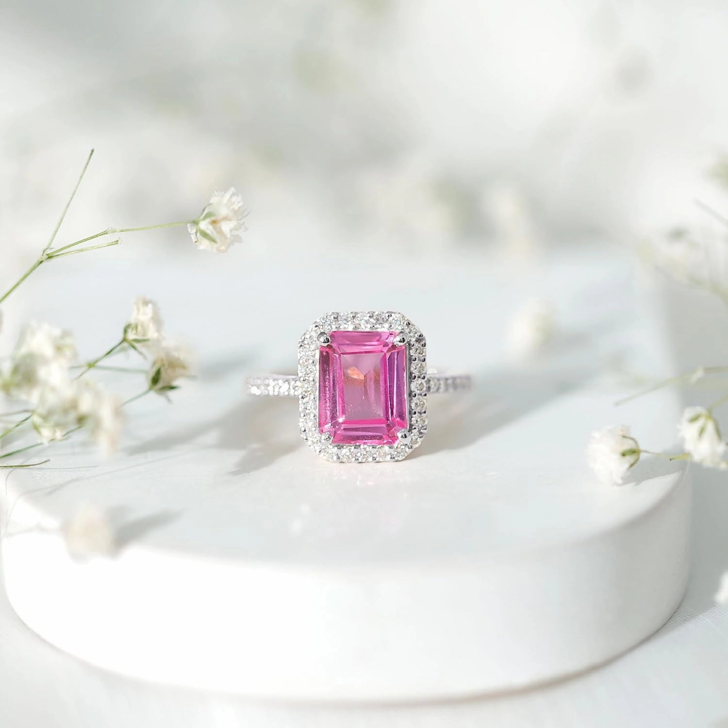 Certified Lab Grown Pink Sapphire 8X10 mm Emerald Cut Engagement Ring, Aaaa Quality, Pink Sapphire Diamond Ring