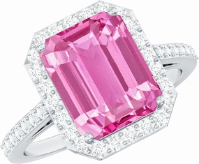 Certified Lab Grown Pink Sapphire 8X10 mm Emerald Cut Engagement Ring, Aaaa Quality, Pink Sapphire Diamond Ring