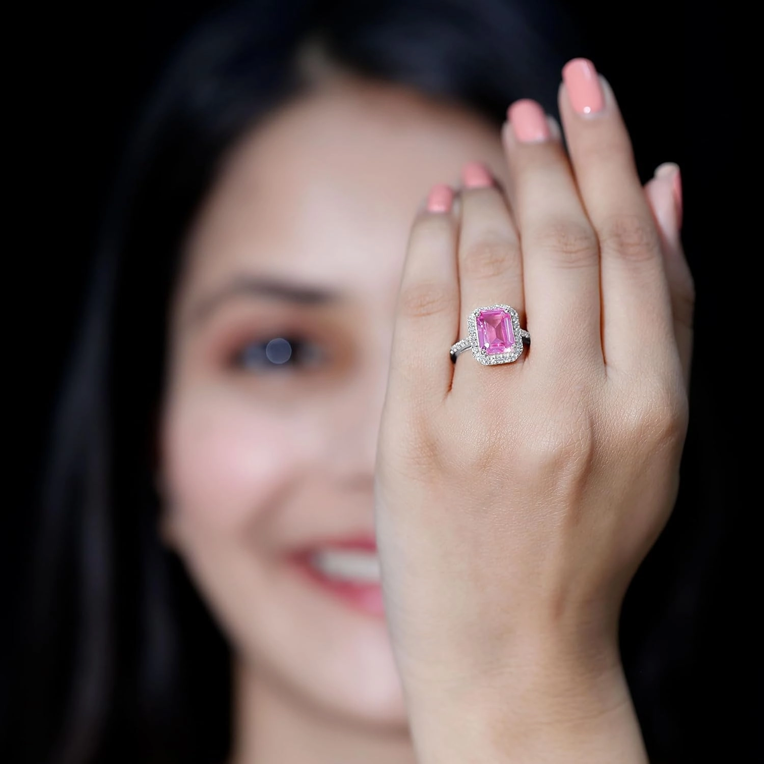 Certified Lab Grown Pink Sapphire 8X10 mm Emerald Cut Engagement Ring, Aaaa Quality, Pink Sapphire Diamond Ring