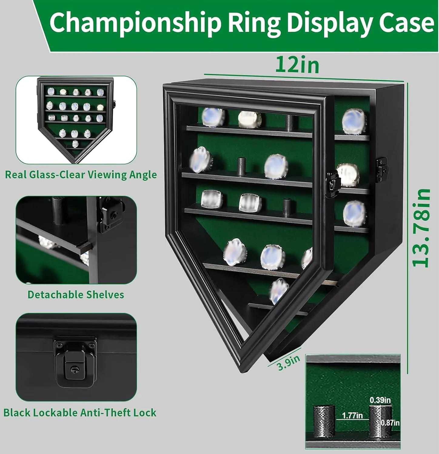 Championship Ring Display Case,19 Slots Baseball Ring Display Holder Case Wall Mount Wooden Trophy Ring Organizer Box with Lockable Real Glass Door for Collection Sports Champion Rings ,Black