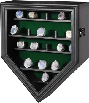 Championship Ring Display Case,19 Slots Baseball Ring Display Holder Case Wall Mount Wooden Trophy Ring Organizer Box with Lockable Real Glass Door for Collection Sports Champion Rings ,Black