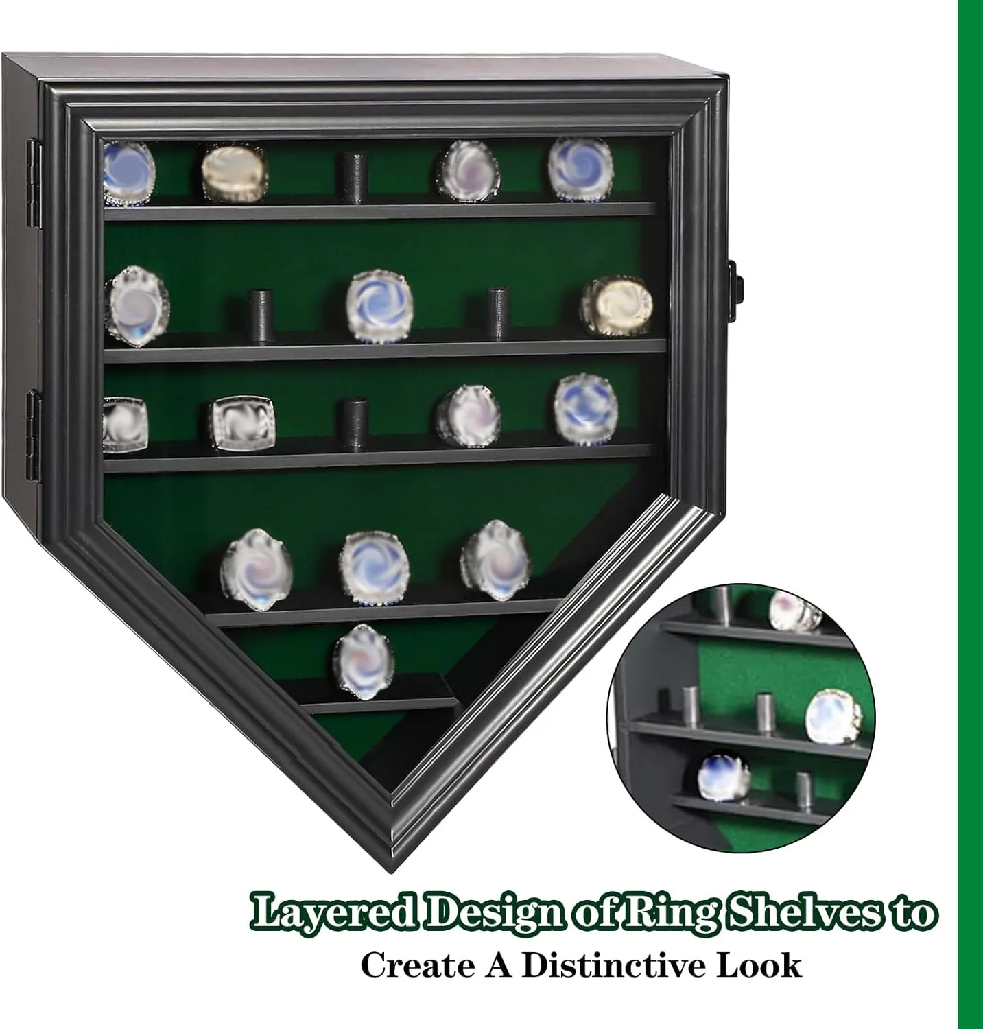 Championship Ring Display Case,19 Slots Baseball Ring Display Holder Case Wall Mount Wooden Trophy Ring Organizer Box with Lockable Real Glass Door for Collection Sports Champion Rings ,Black