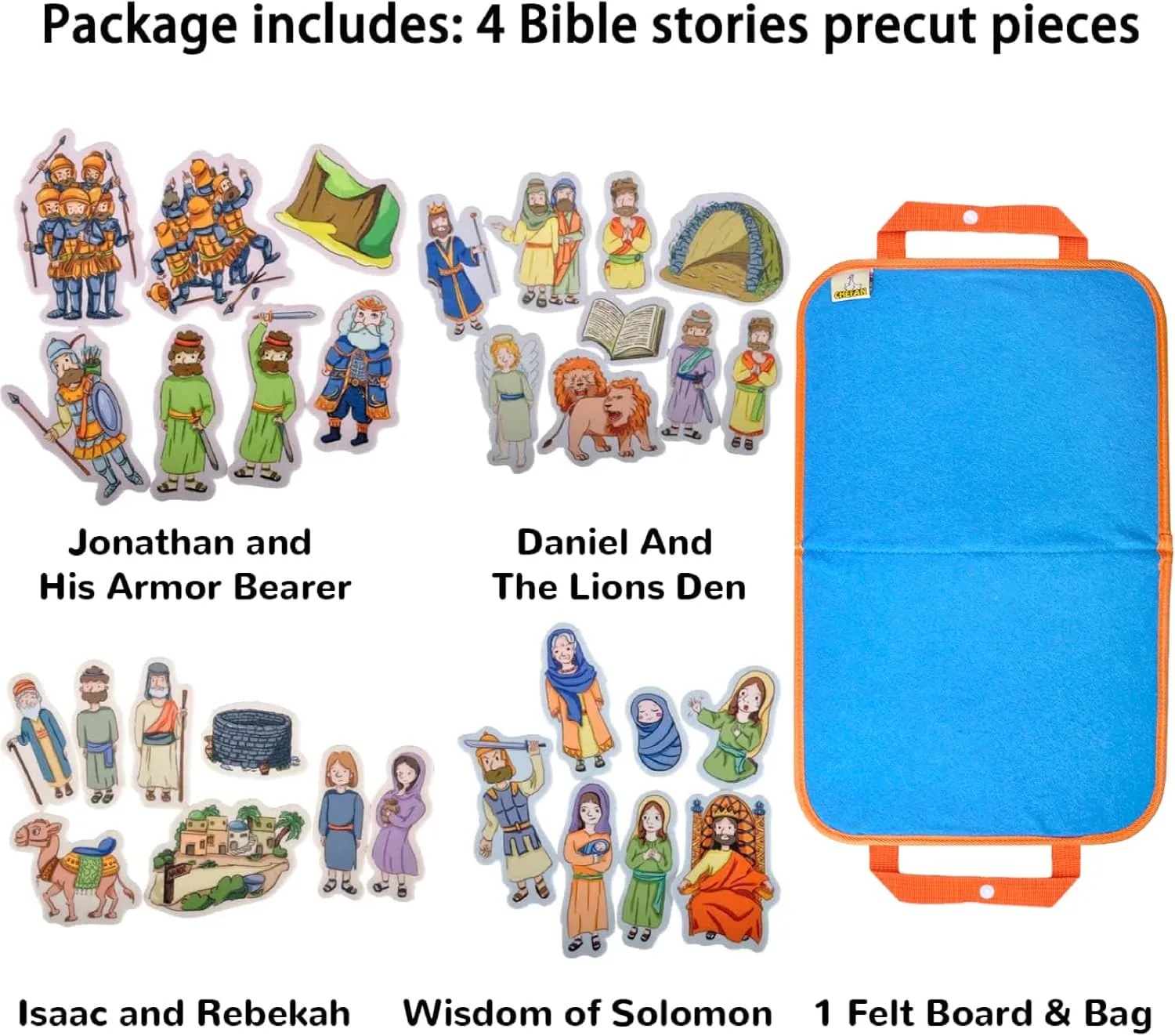 CHEFAN 4 Pack Felt Board Bible Stories Set, Flannel Board Stories Wisdom of Solomon|Jonathan and His Armor Bearer|Daniel and The Lions Den|Isaac and Rebekah,Precut Flannel Graph Bible Toys for Kids