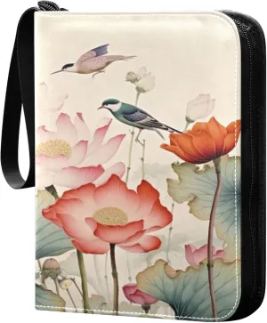 Chinese Hummingbirds Florals Card Binder 4 Pocket Collectible Trading Card Albums with 50 Sleeves Double Side PU Waterproof 3 Ring for Sports & Game Cards