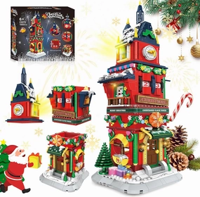 Christmas Countdown Tower House Building Toys - LED Light Christmas Village House Building Set with Countdown Clock, Festival Model Gift Idea for Kids 6 