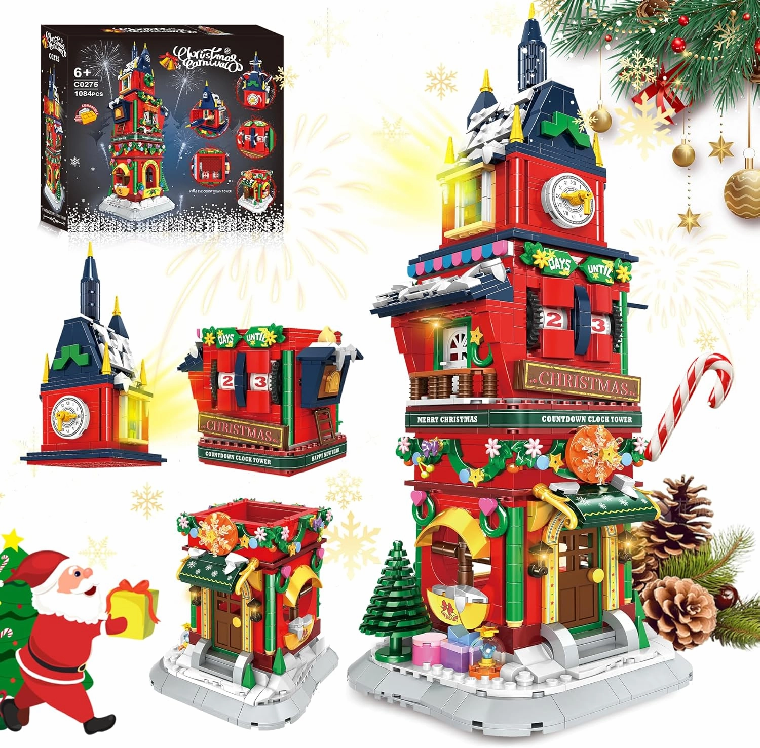 Christmas Countdown Tower House Building Toys - LED Light Christmas Village House Building Set with Countdown Clock, Festival Model Gift Idea for Kids 6 