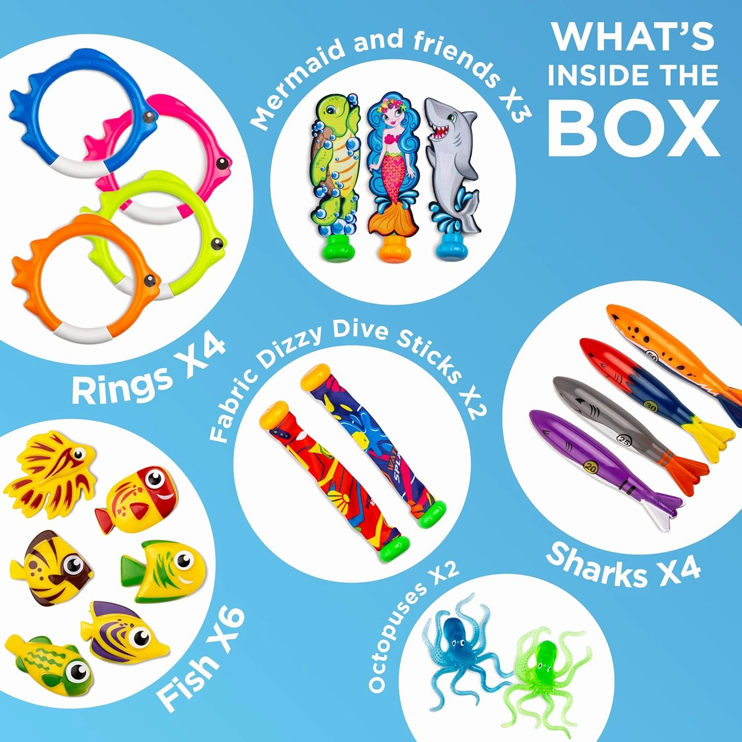 Chuchik Swimming Pool Toys for Kids - 40 Pack Includes Diving Sticks, Rings, Pirate Treasures, Toypedo Bandits, Fish Toys, Octopus with Storage Net Bag