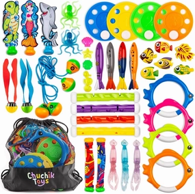 Chuchik Swimming Pool Toys for Kids - 40 Pack Includes Diving Sticks, Rings, Pirate Treasures, Toypedo Bandits, Fish Toys, Octopus with Storage Net Bag