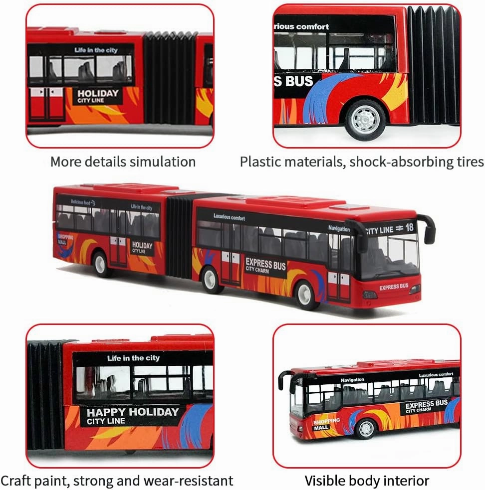 City Bus Toy for Kids, Die Cast Alloy Pull Back Vehicles, Metro Articulated Electric Bus with Sounds and Lights, Model Cars Toys Educational Gift for Kids Boys Girls Ages 3 
