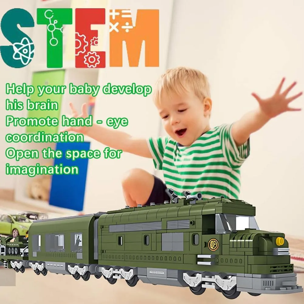 Classic Military Train Building Block Set for Boys & Girls Aged 6-12, Vintage Transport Model Building Bricks Set with Train Tracks, STEM Toys, 764PCS